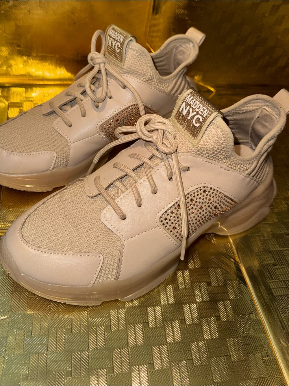 Steve Madden Beige Knit & Leather Sneaker with Rhinestone Accent - Women's